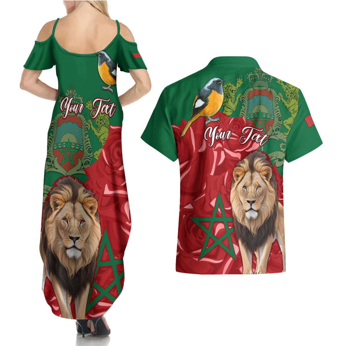 Morocco Independence Day Couples Matching Summer Maxi Dress and Hawaiian Shirt Barbary Lion With Moussier Redstart - Wonder Print Shop