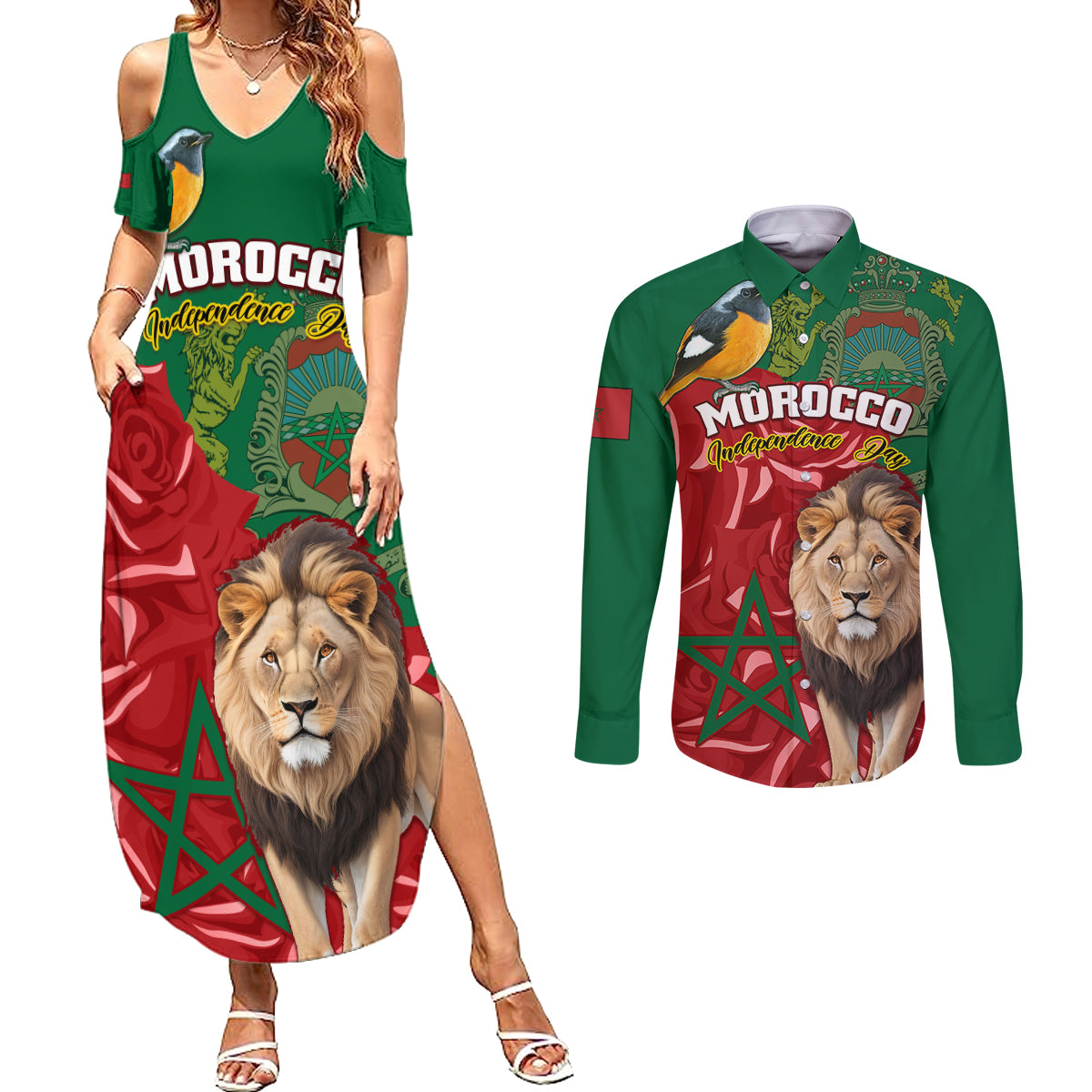 Morocco Independence Day Couples Matching Summer Maxi Dress and Long Sleeve Button Shirts Barbary Lion With Moussier Redstart - Wonder Print Shop