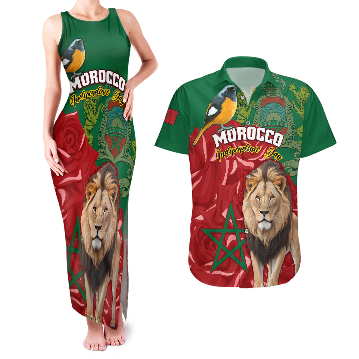 Morocco Independence Day Couples Matching Tank Maxi Dress and Hawaiian Shirt Barbary Lion With Moussier Redstart - Wonder Print Shop