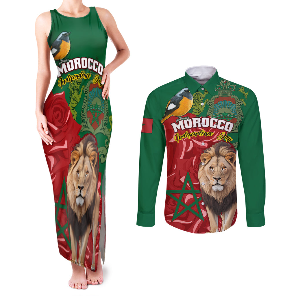 Morocco Independence Day Couples Matching Tank Maxi Dress and Long Sleeve Button Shirts Barbary Lion With Moussier Redstart - Wonder Print Shop