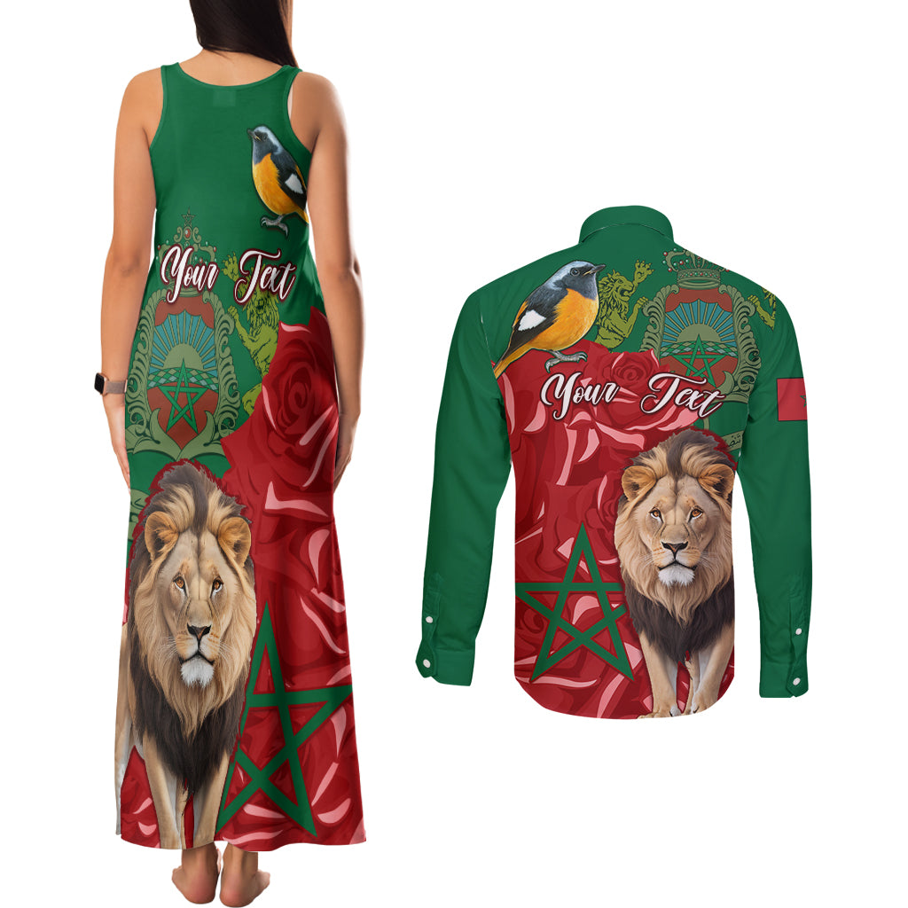 Morocco Independence Day Couples Matching Tank Maxi Dress and Long Sleeve Button Shirts Barbary Lion With Moussier Redstart - Wonder Print Shop