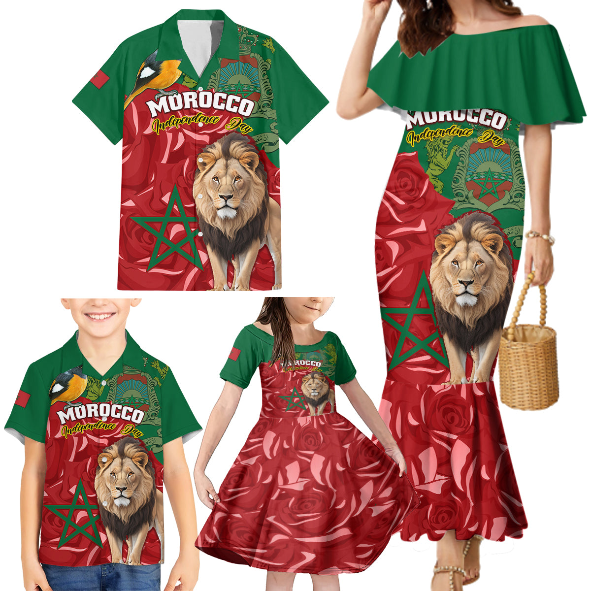 Morocco Independence Day Family Matching Mermaid Dress and Hawaiian Shirt Barbary Lion With Moussier Redstart - Wonder Print Shop
