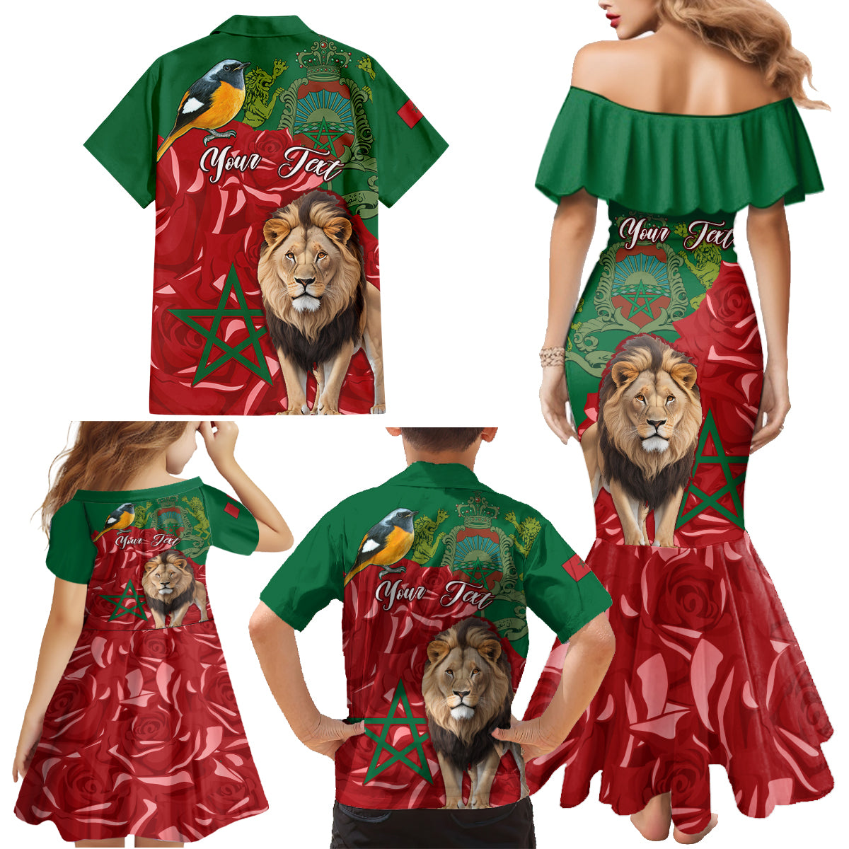 Morocco Independence Day Family Matching Mermaid Dress and Hawaiian Shirt Barbary Lion With Moussier Redstart - Wonder Print Shop