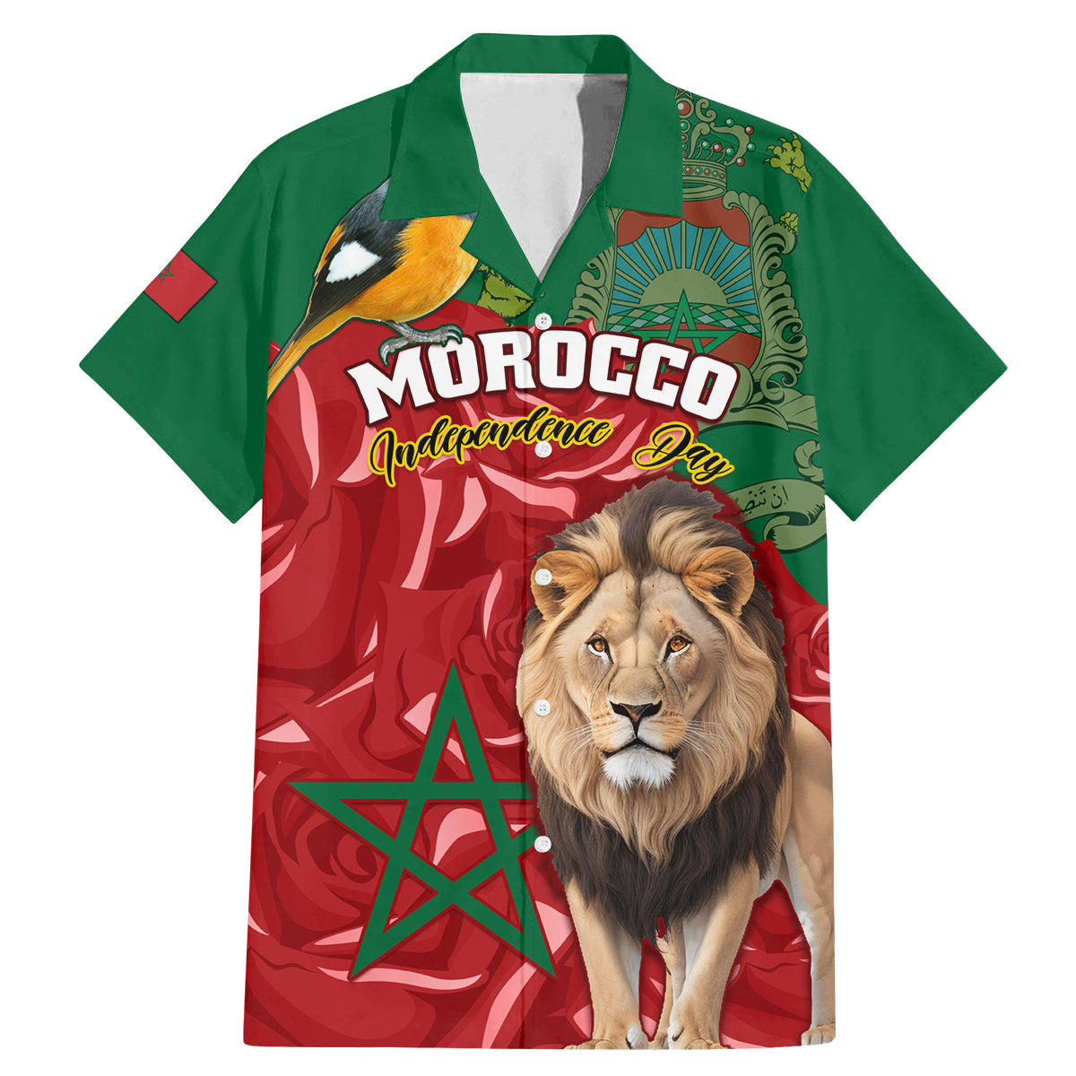 Morocco Independence Day Family Matching Mermaid Dress and Hawaiian Shirt Barbary Lion With Moussier Redstart - Wonder Print Shop