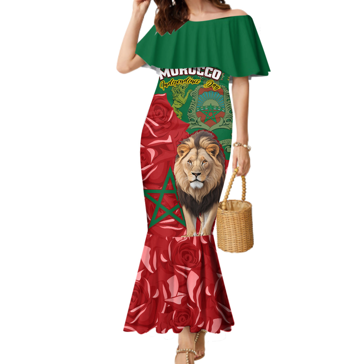 Morocco Independence Day Family Matching Mermaid Dress and Hawaiian Shirt Barbary Lion With Moussier Redstart - Wonder Print Shop