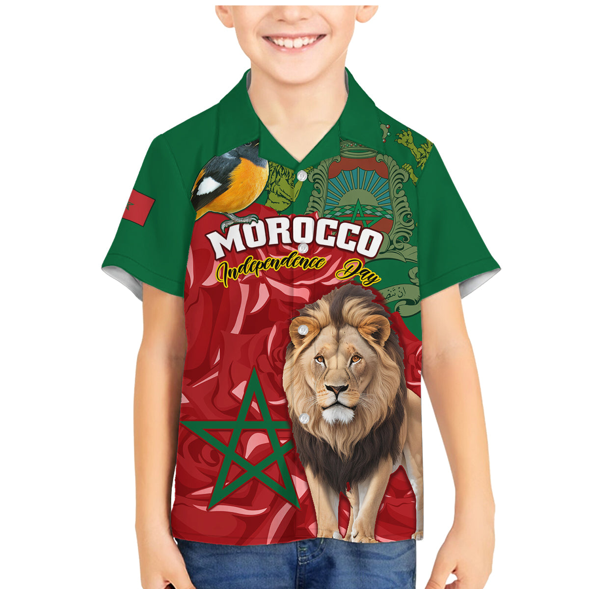 Morocco Independence Day Family Matching Mermaid Dress and Hawaiian Shirt Barbary Lion With Moussier Redstart - Wonder Print Shop