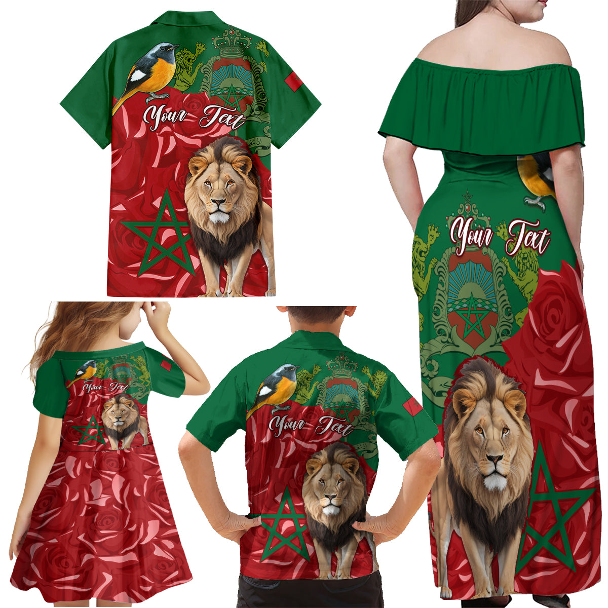 Morocco Independence Day Family Matching Off Shoulder Maxi Dress and Hawaiian Shirt Barbary Lion With Moussier Redstart - Wonder Print Shop