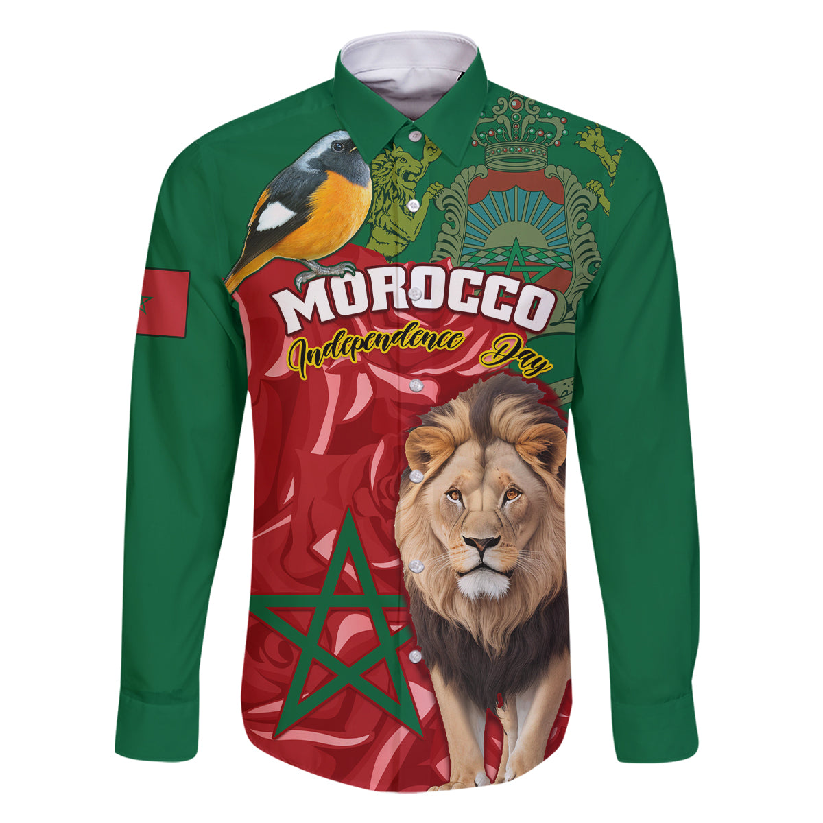 Morocco Independence Day Family Matching Off Shoulder Maxi Dress and Hawaiian Shirt Barbary Lion With Moussier Redstart - Wonder Print Shop