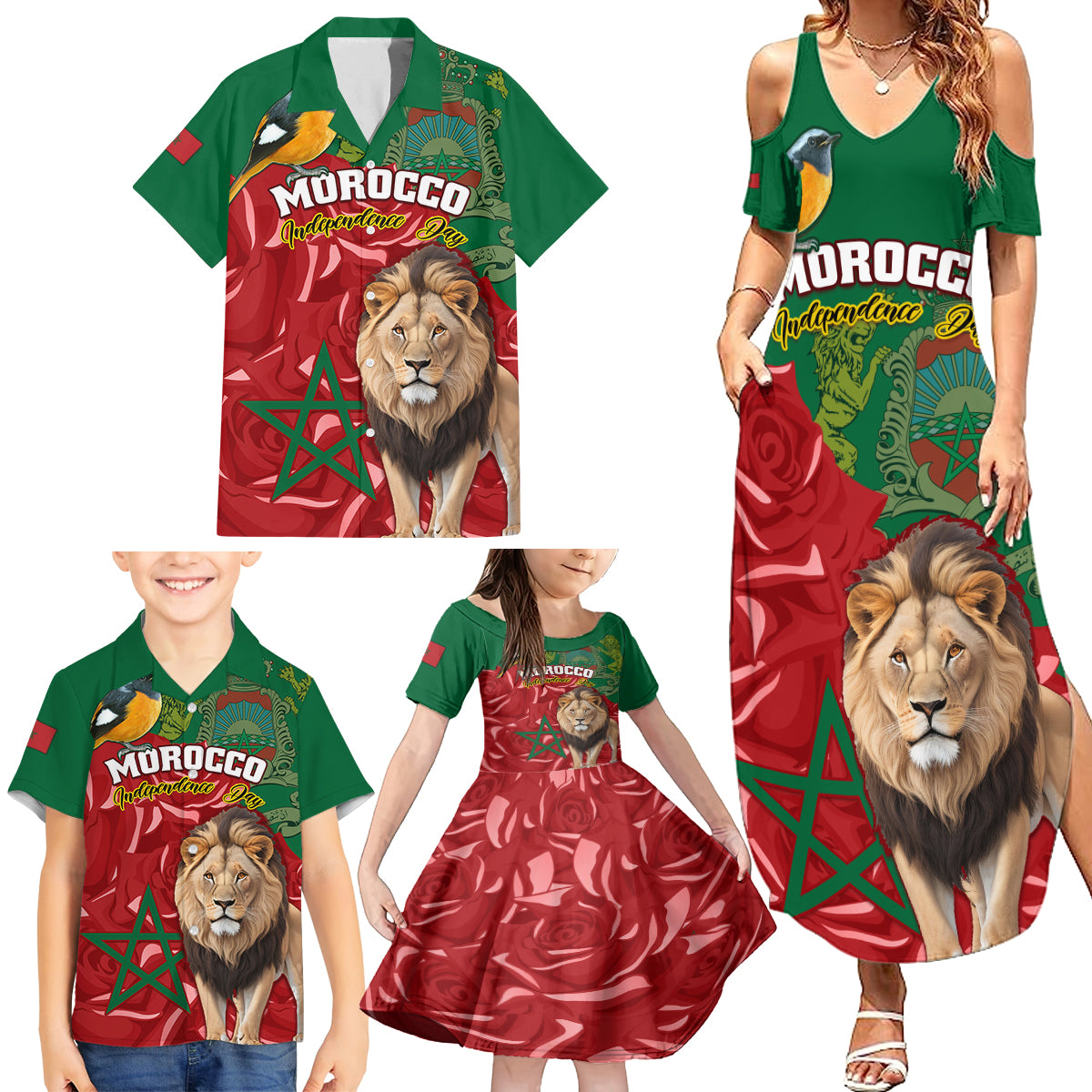 Morocco Independence Day Family Matching Summer Maxi Dress and Hawaiian Shirt Barbary Lion With Moussier Redstart - Wonder Print Shop