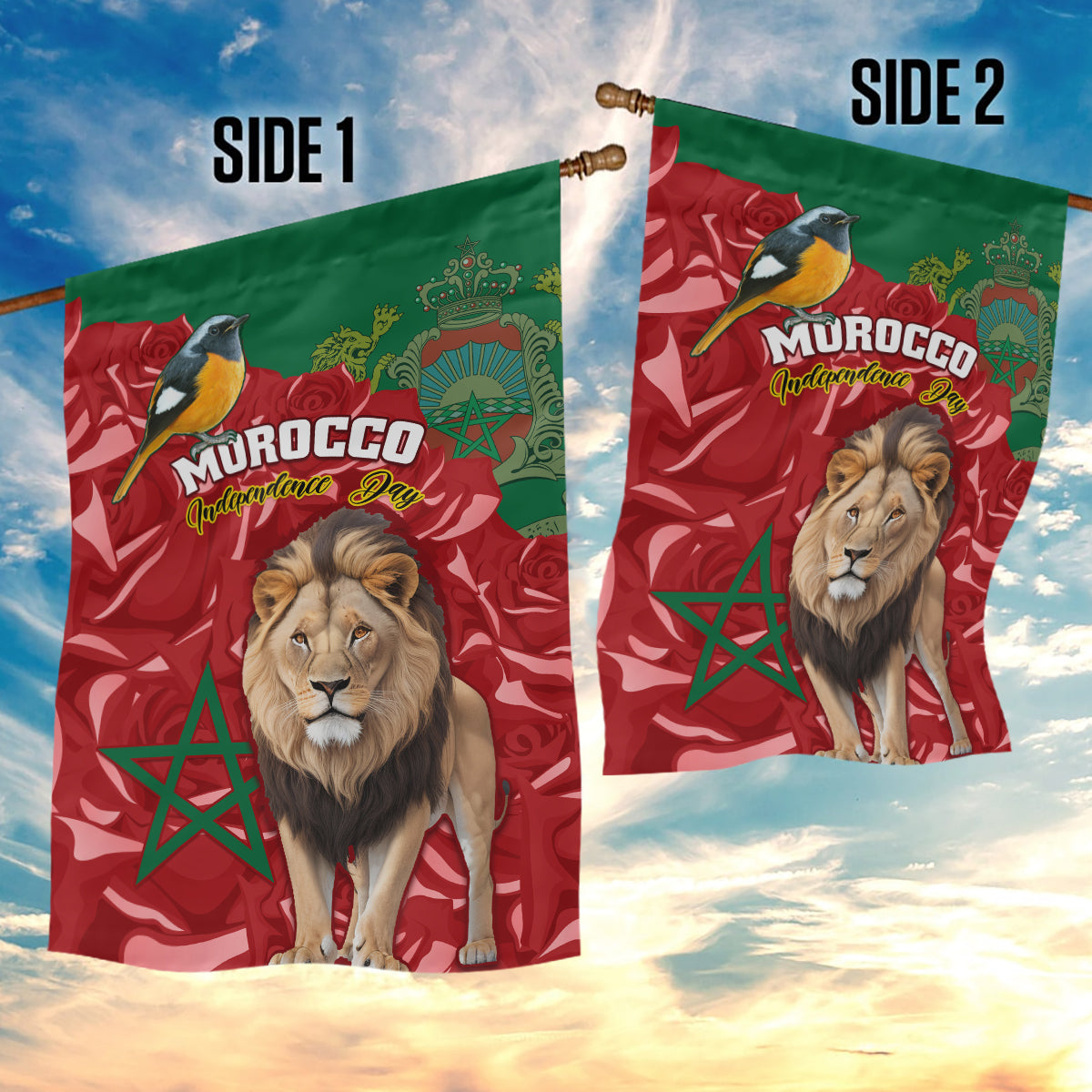 Morocco Independence Day Garden Flag Barbary Lion With Moussier Redstart - Wonder Print Shop