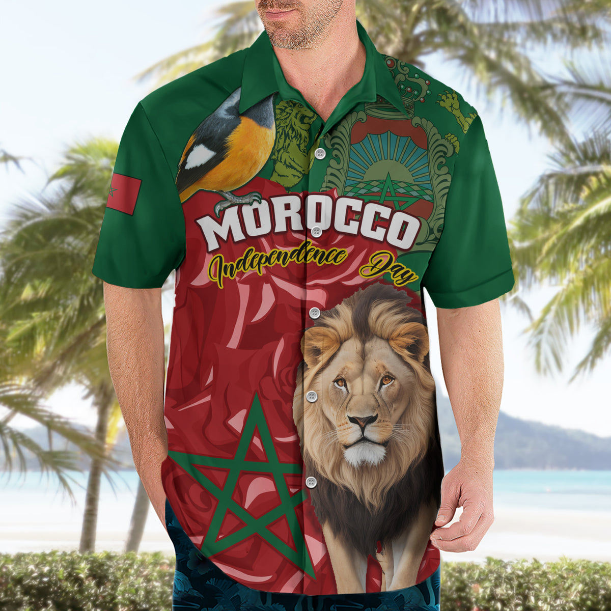 Morocco Independence Day Hawaiian Shirt Barbary Lion With Moussier Redstart - Wonder Print Shop