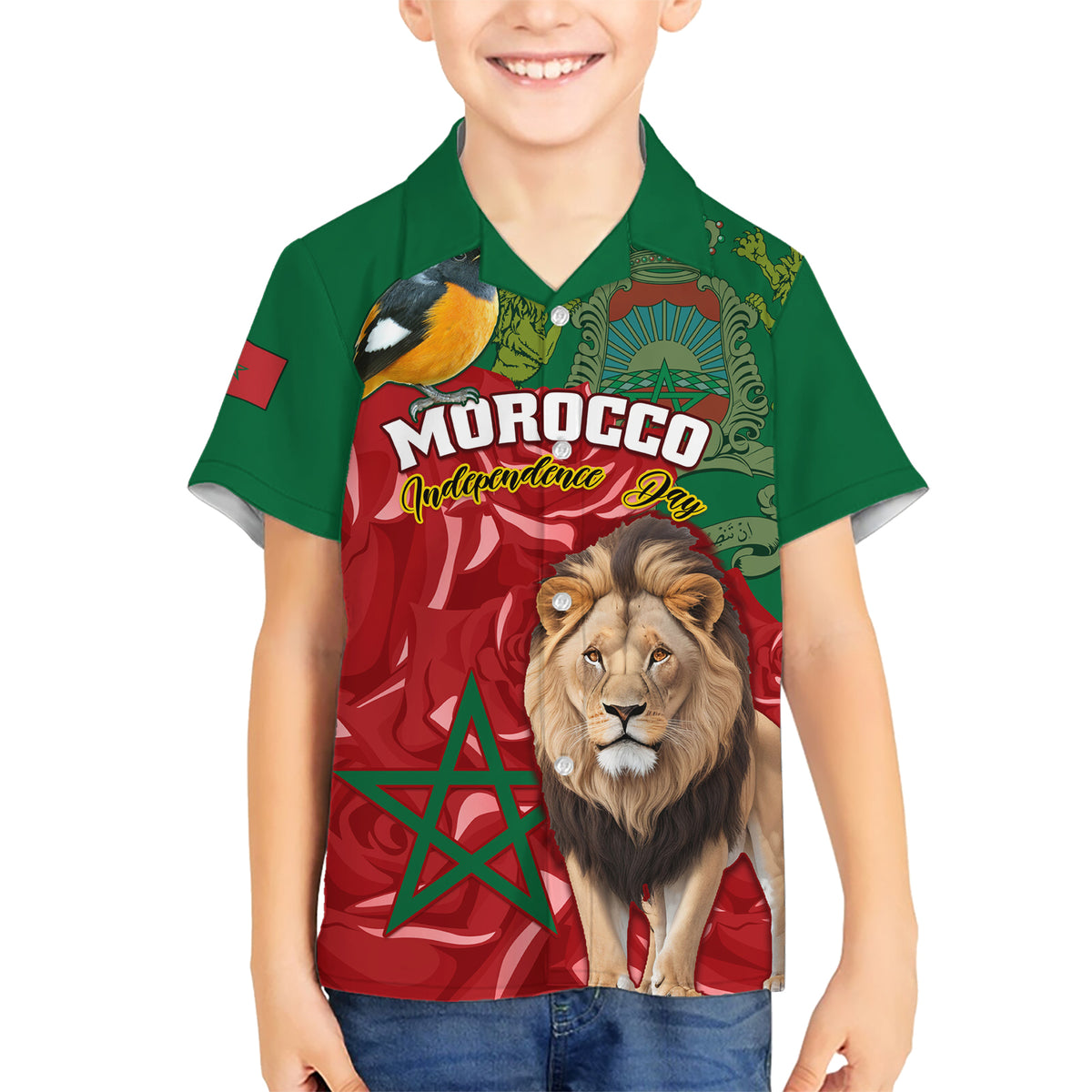 Morocco Independence Day Kid Hawaiian Shirt Barbary Lion With Moussier Redstart - Wonder Print Shop