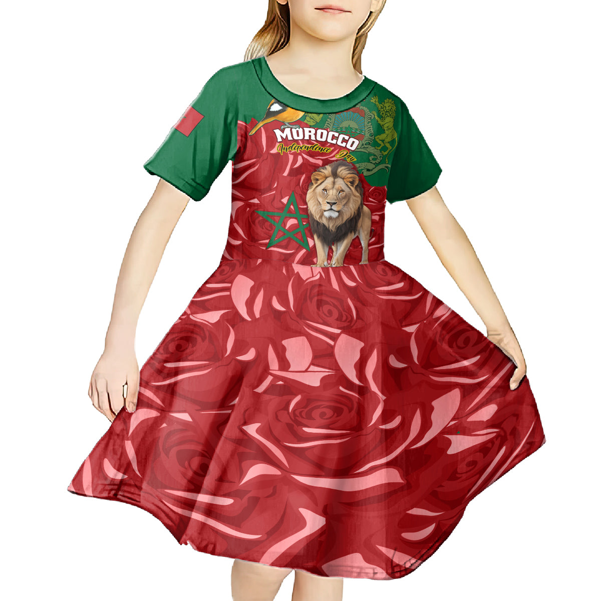 Morocco Independence Day Kid Short Sleeve Dress Barbary Lion With Moussier Redstart - Wonder Print Shop