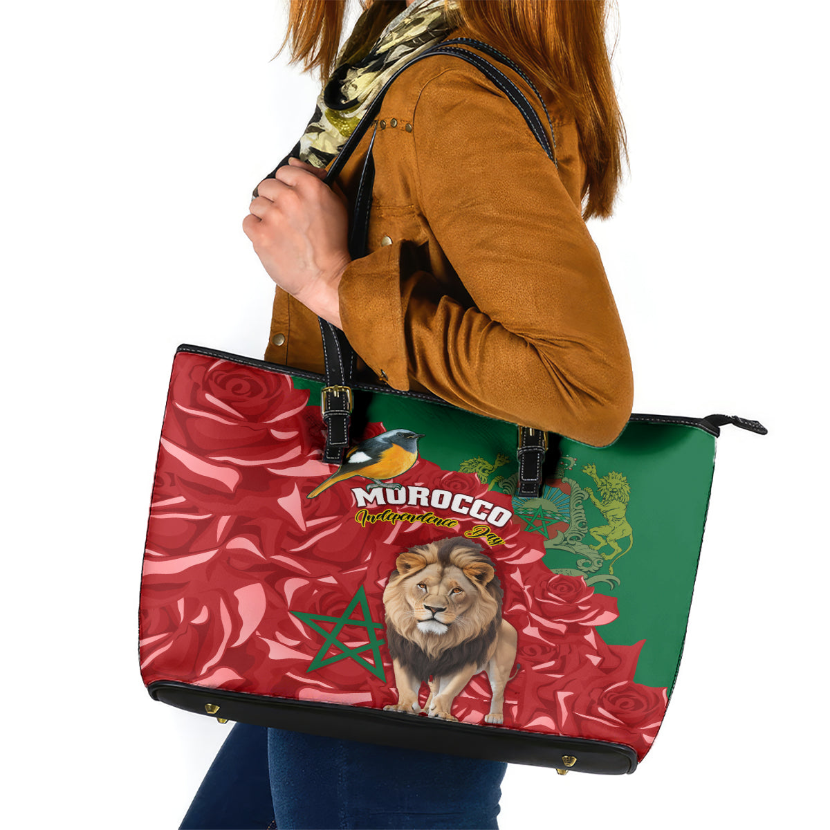 Morocco Independence Day Leather Tote Bag Barbary Lion With Moussier Redstart - Wonder Print Shop