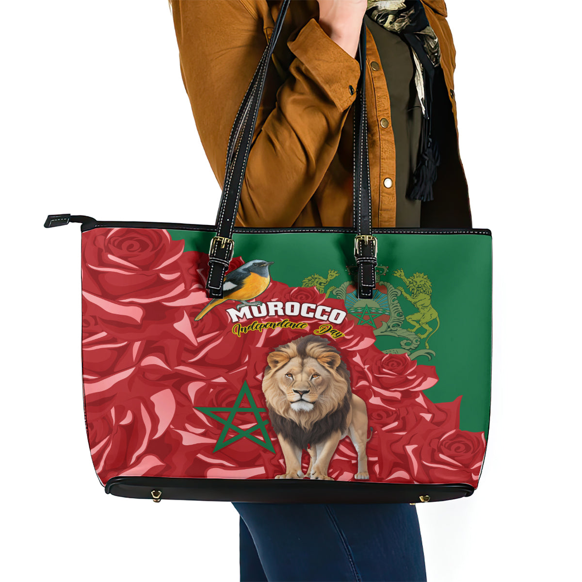 Morocco Independence Day Leather Tote Bag Barbary Lion With Moussier Redstart - Wonder Print Shop