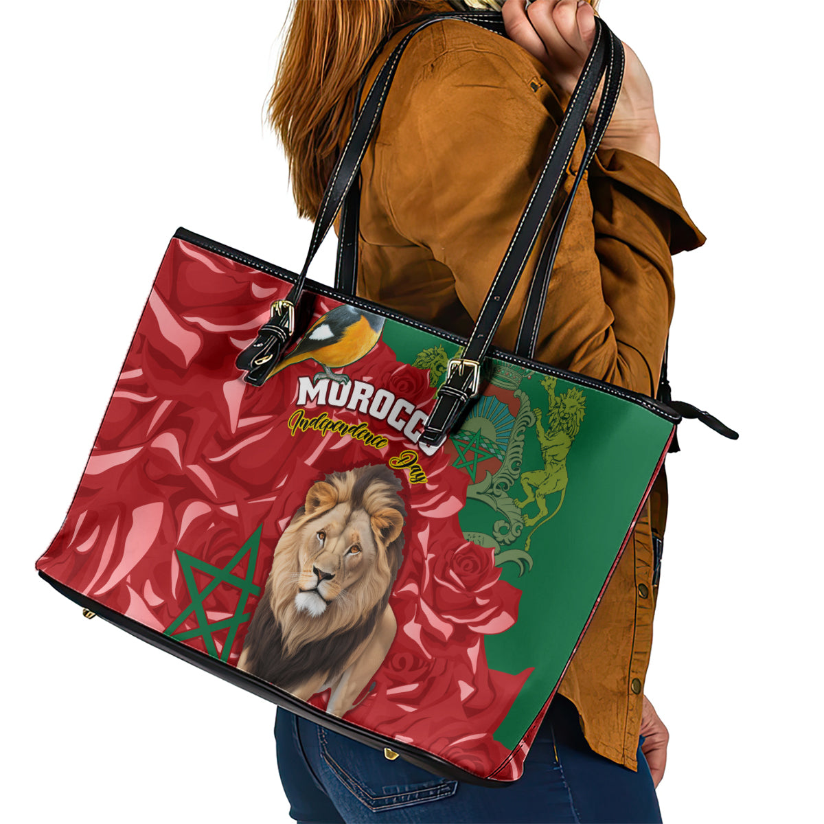 Morocco Independence Day Leather Tote Bag Barbary Lion With Moussier Redstart - Wonder Print Shop