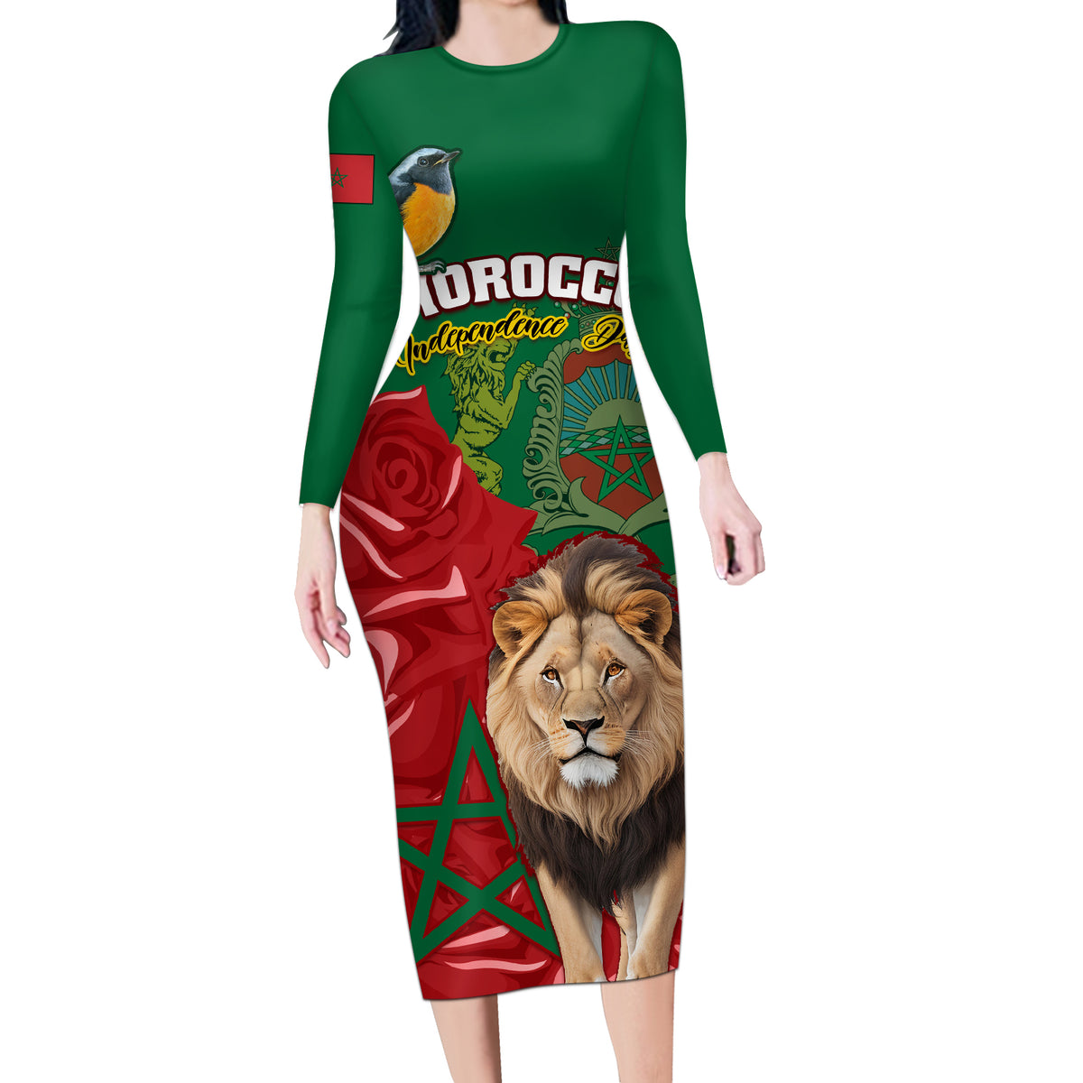 Morocco Independence Day Long Sleeve Bodycon Dress Barbary Lion With Moussier Redstart - Wonder Print Shop