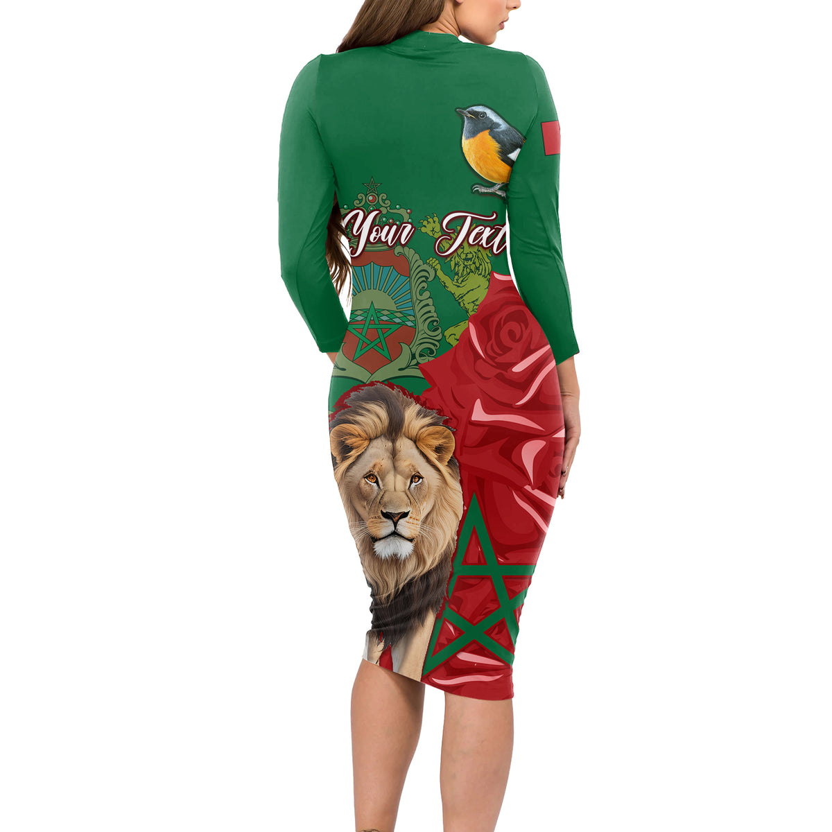 Morocco Independence Day Long Sleeve Bodycon Dress Barbary Lion With Moussier Redstart - Wonder Print Shop