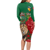 Morocco Independence Day Long Sleeve Bodycon Dress Barbary Lion With Moussier Redstart - Wonder Print Shop