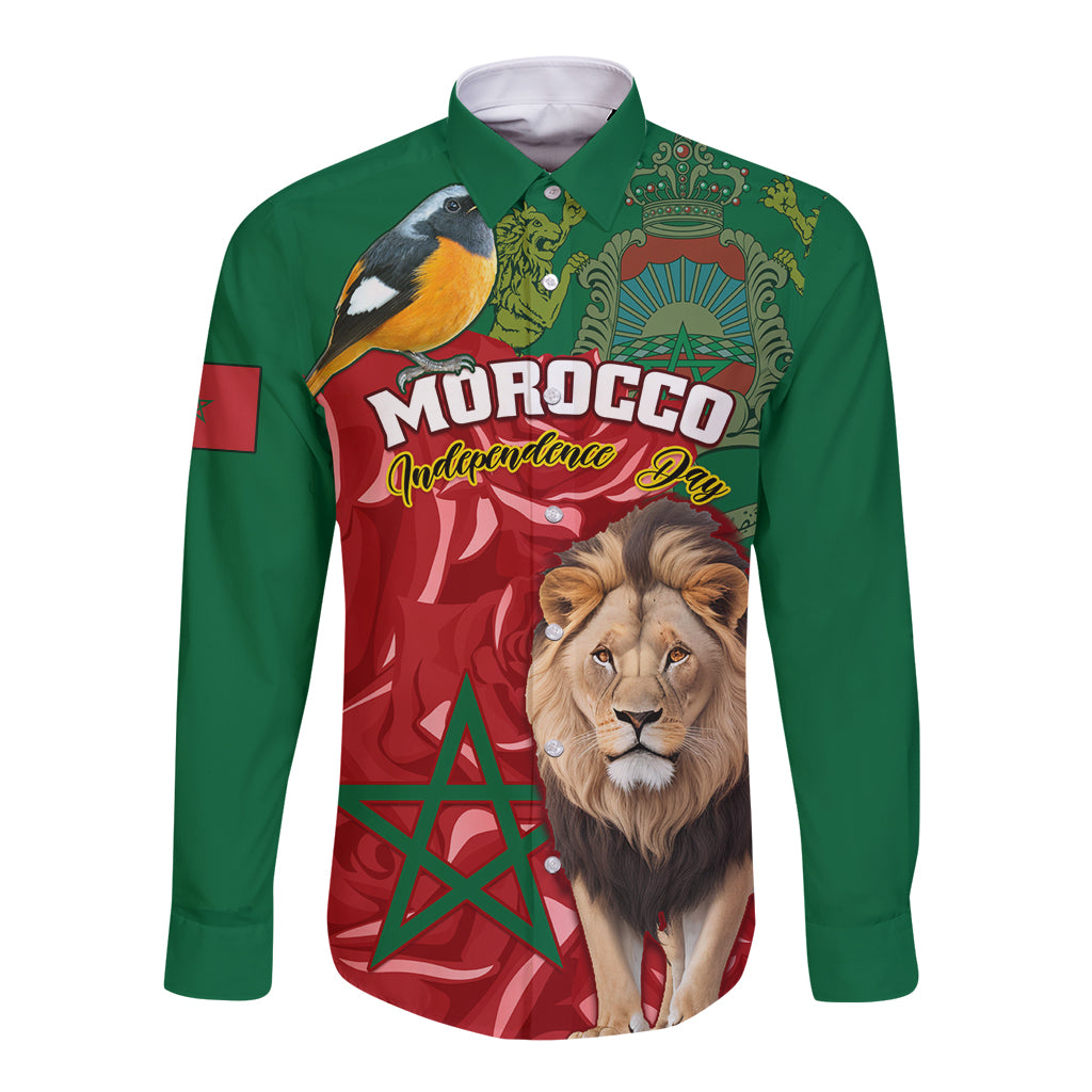 Morocco Independence Day Long Sleeve Button Shirt Barbary Lion With Moussier Redstart - Wonder Print Shop
