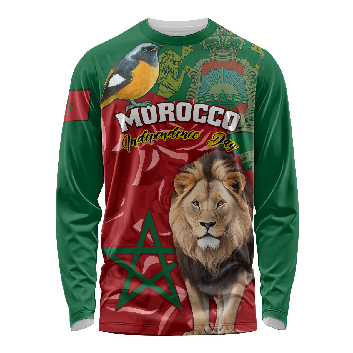 Morocco Independence Day Long Sleeve Shirt Barbary Lion With Moussier Redstart - Wonder Print Shop