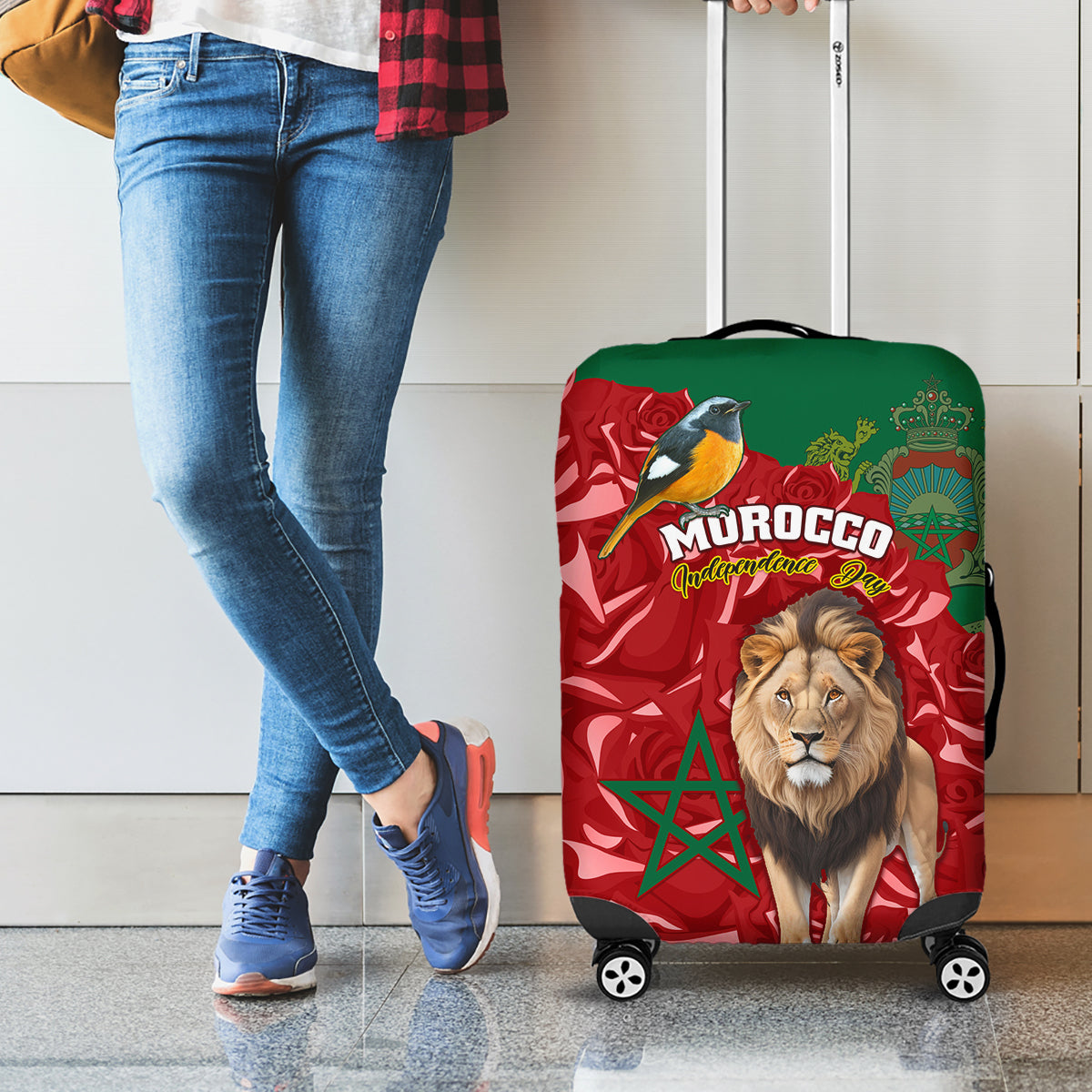 Morocco Independence Day Luggage Cover Barbary Lion With Moussier Redstart - Wonder Print Shop