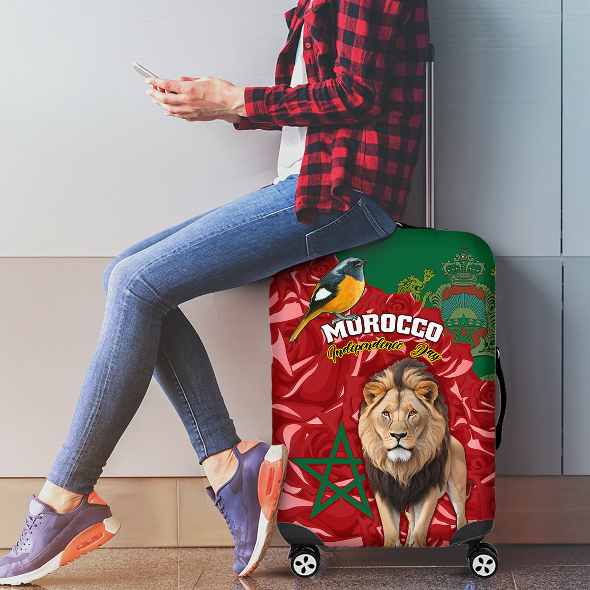 Morocco Independence Day Luggage Cover Barbary Lion With Moussier Redstart - Wonder Print Shop