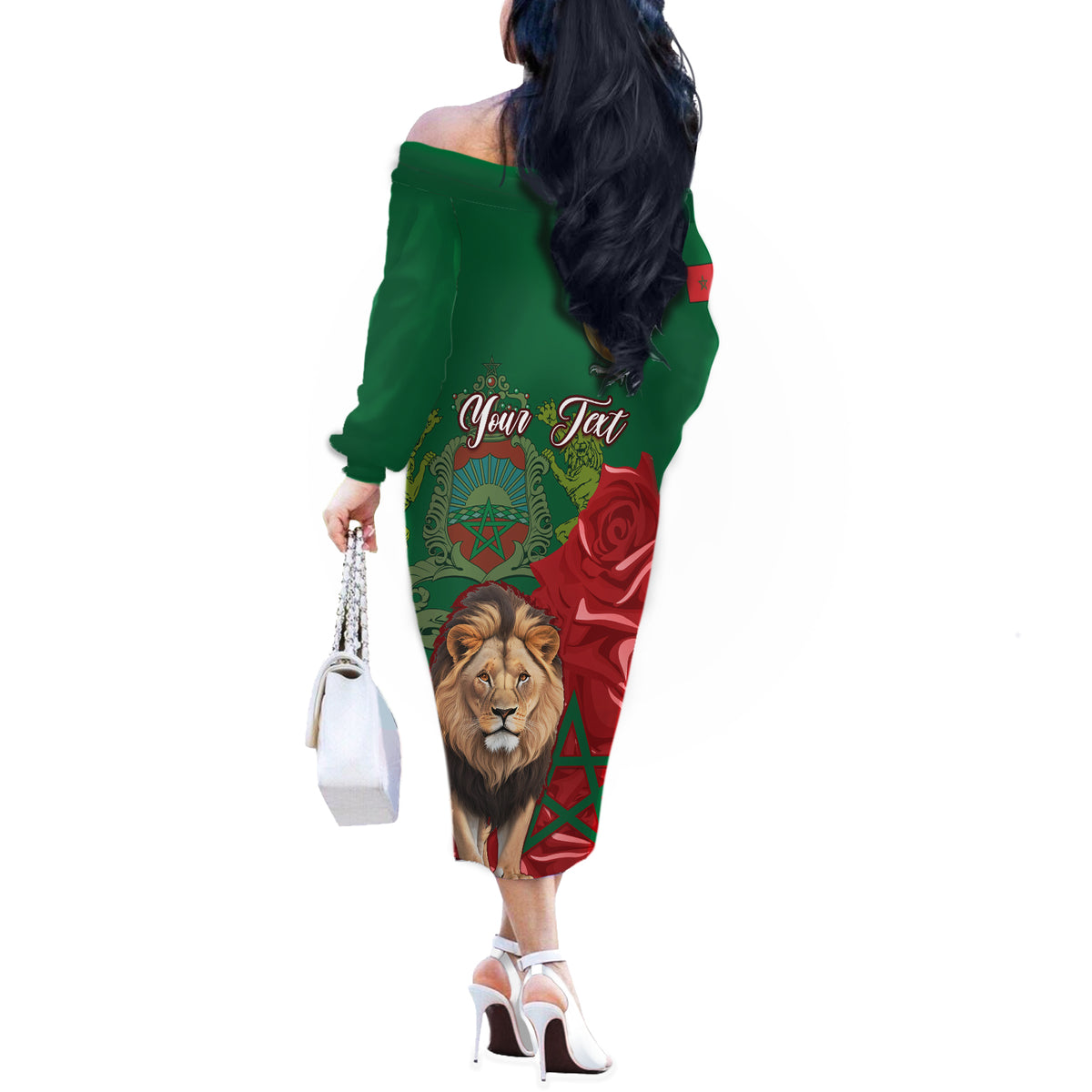 Morocco Independence Day Off The Shoulder Long Sleeve Dress Barbary Lion With Moussier Redstart - Wonder Print Shop