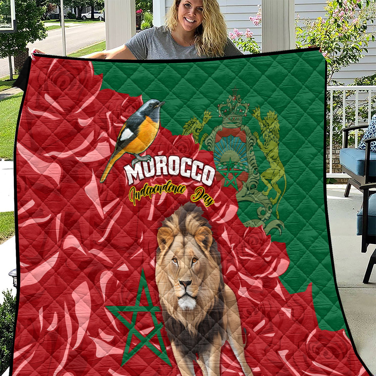 Morocco Independence Day Quilt Barbary Lion With Moussier Redstart - Wonder Print Shop
