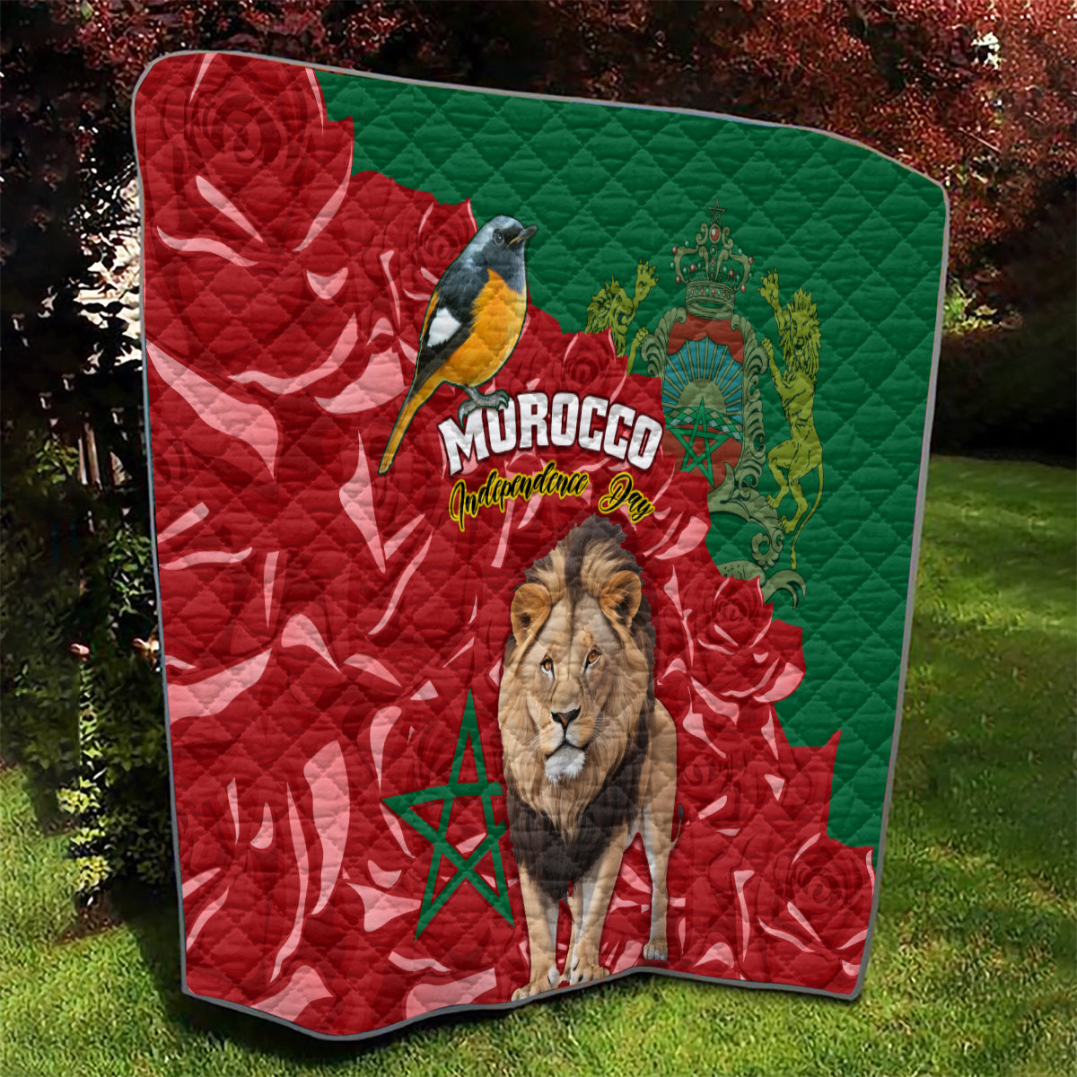 Morocco Independence Day Quilt Barbary Lion With Moussier Redstart - Wonder Print Shop