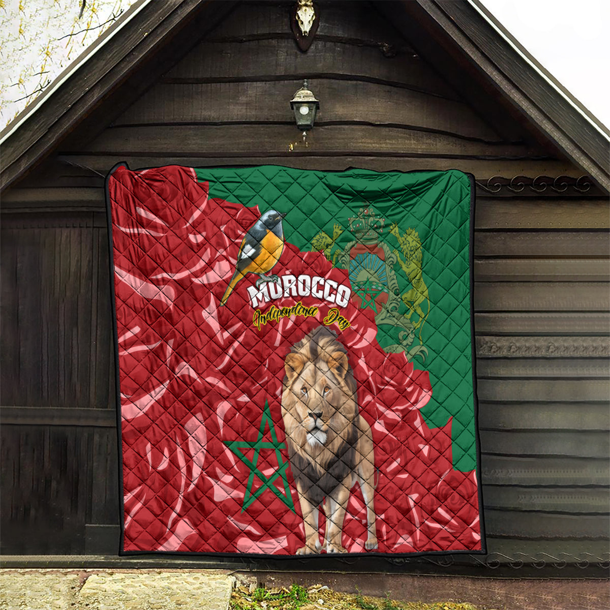 Morocco Independence Day Quilt Barbary Lion With Moussier Redstart - Wonder Print Shop