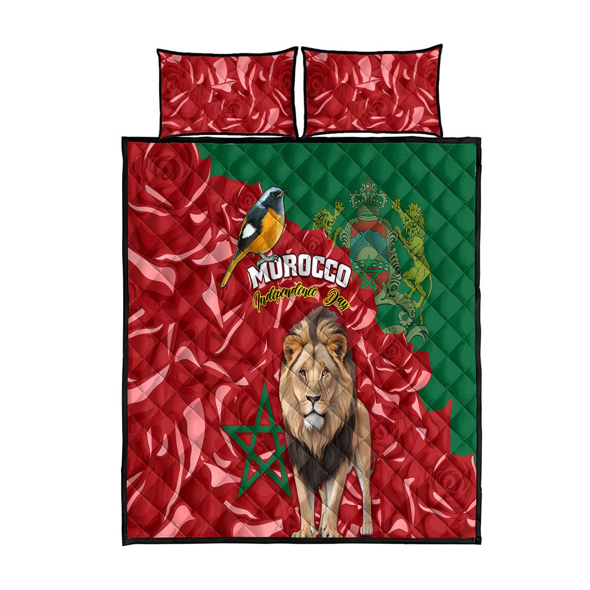 Morocco Independence Day Quilt Bed Set Barbary Lion With Moussier Redstart - Wonder Print Shop