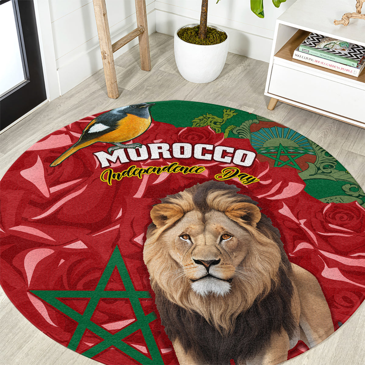 morocco-independence-day-round-carpet-barbary-lion-with-moussier-redstart