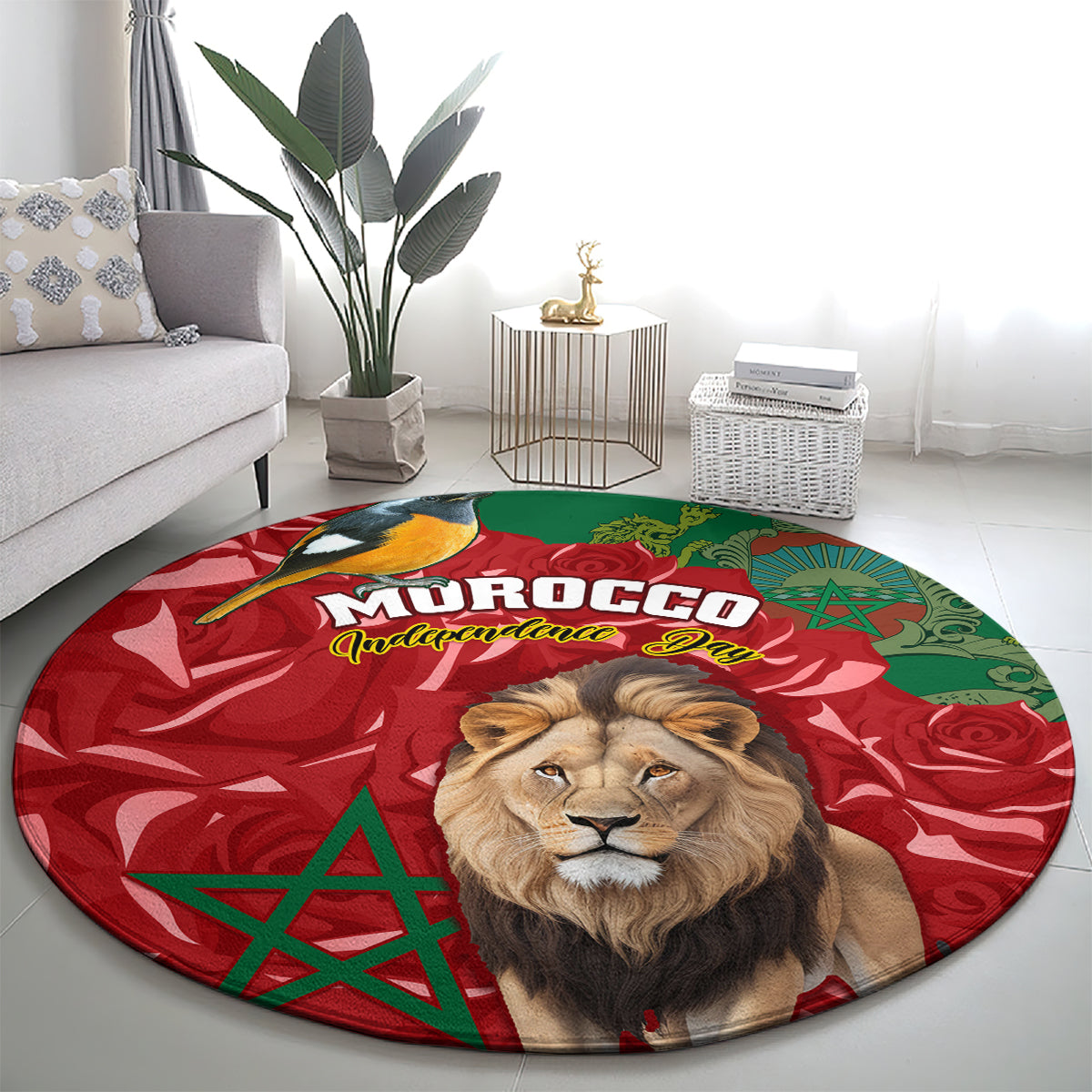 morocco-independence-day-round-carpet-barbary-lion-with-moussier-redstart