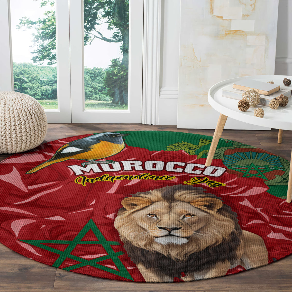 morocco-independence-day-round-carpet-barbary-lion-with-moussier-redstart