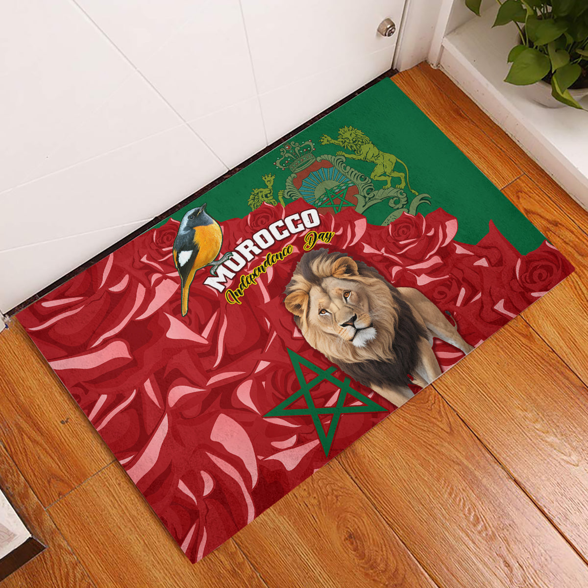 Morocco Independence Day Rubber Doormat Barbary Lion With Moussier Redstart - Wonder Print Shop