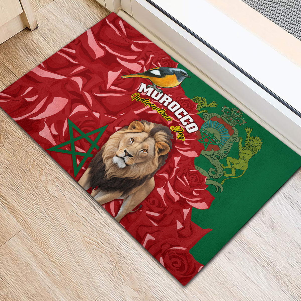Morocco Independence Day Rubber Doormat Barbary Lion With Moussier Redstart - Wonder Print Shop