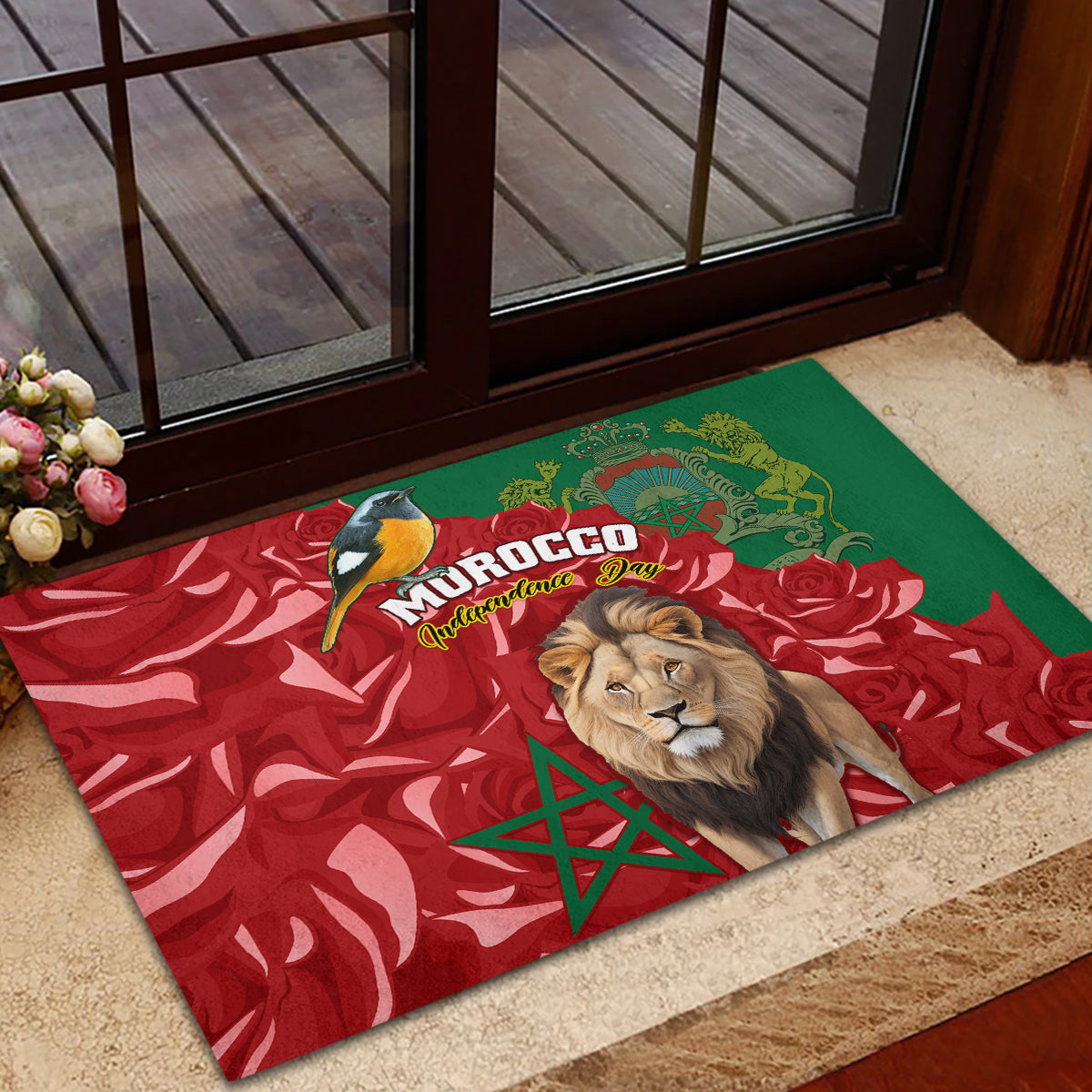 Morocco Independence Day Rubber Doormat Barbary Lion With Moussier Redstart - Wonder Print Shop