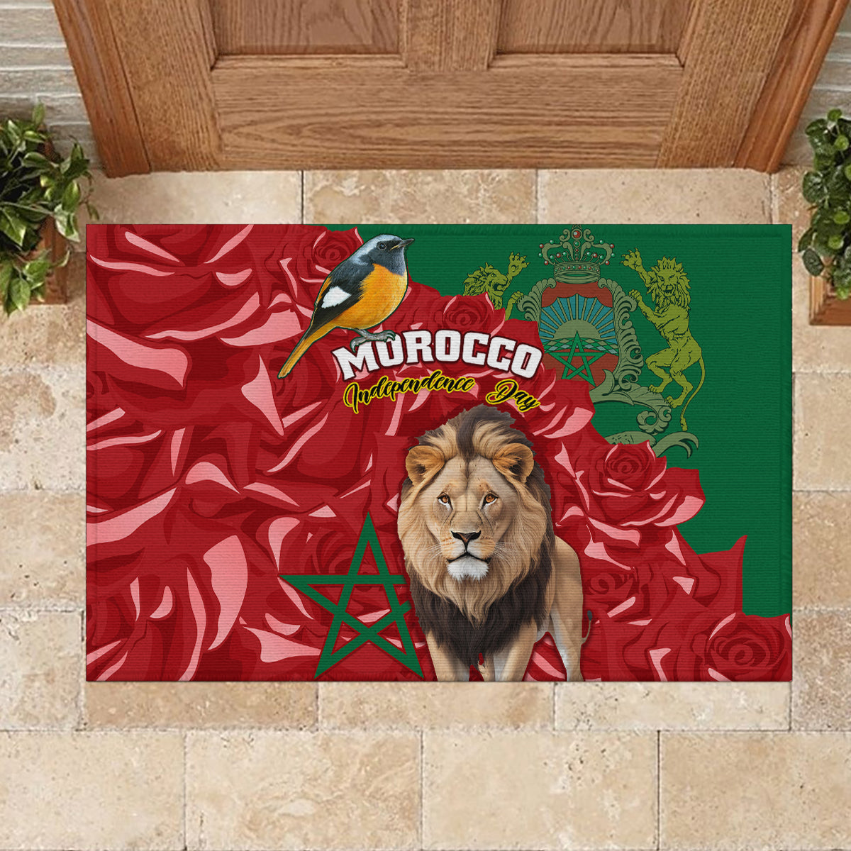 Morocco Independence Day Rubber Doormat Barbary Lion With Moussier Redstart - Wonder Print Shop