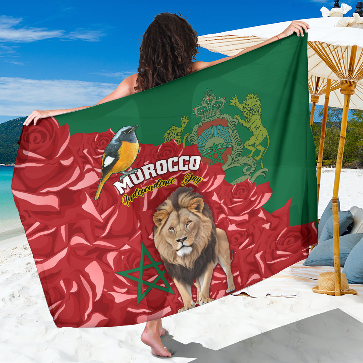Morocco Independence Day Sarong Barbary Lion With Moussier Redstart - Wonder Print Shop