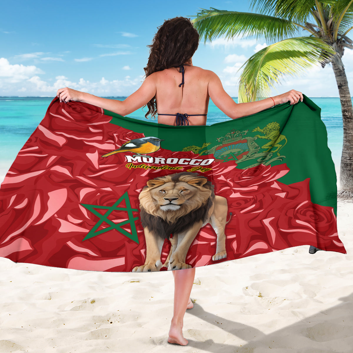 Morocco Independence Day Sarong Barbary Lion With Moussier Redstart - Wonder Print Shop