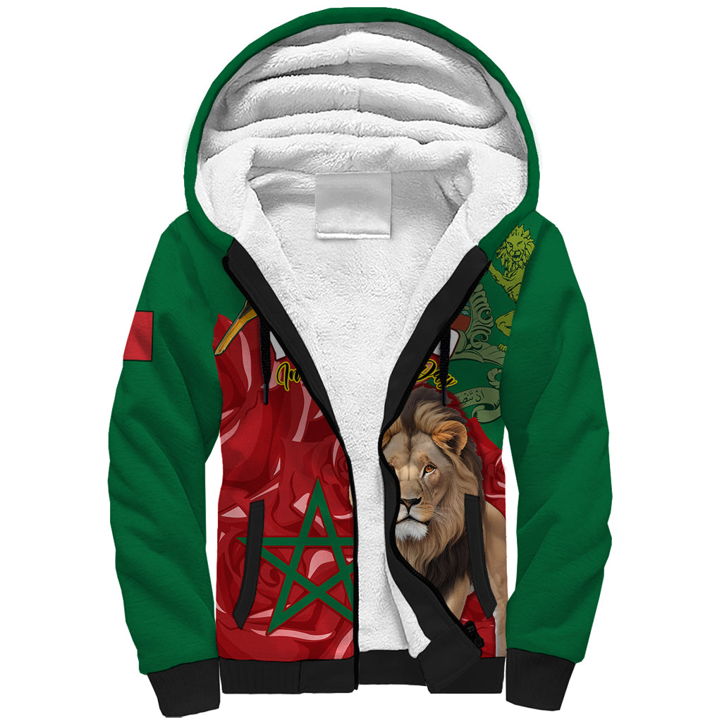 Morocco Independence Day Sherpa Hoodie Barbary Lion With Moussier Redstart - Wonder Print Shop