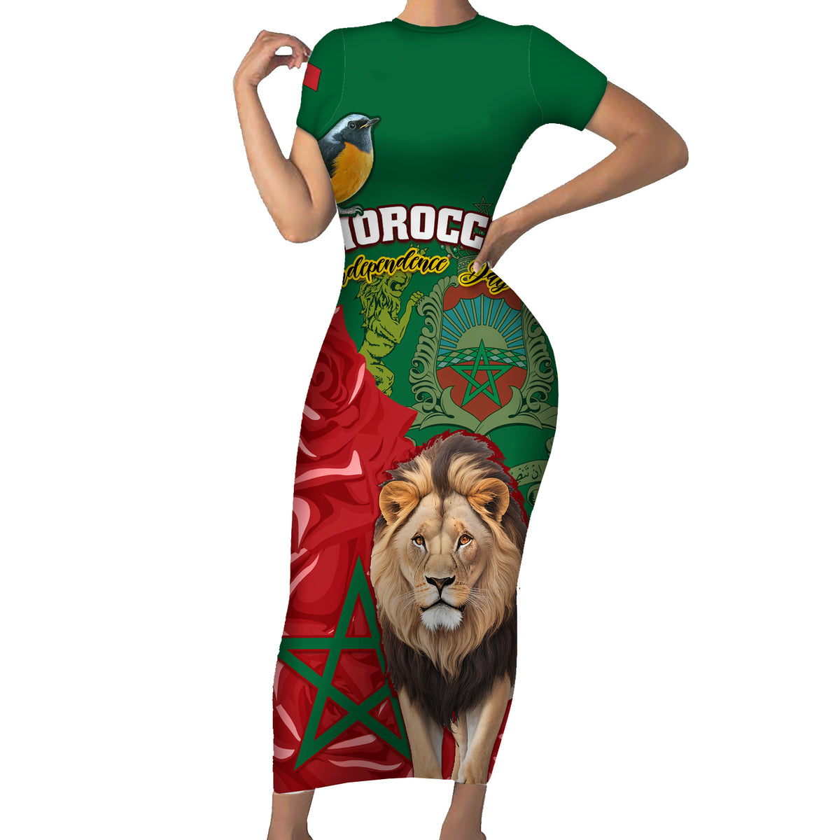 Morocco Independence Day Short Sleeve Bodycon Dress Barbary Lion With Moussier Redstart - Wonder Print Shop