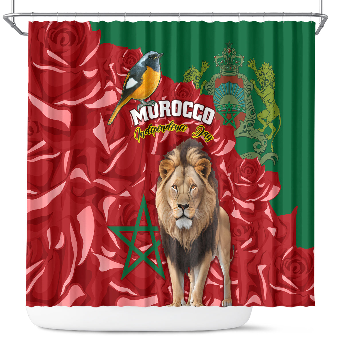 morocco-independence-day-shower-curtain-barbary-lion-with-moussier-redstart