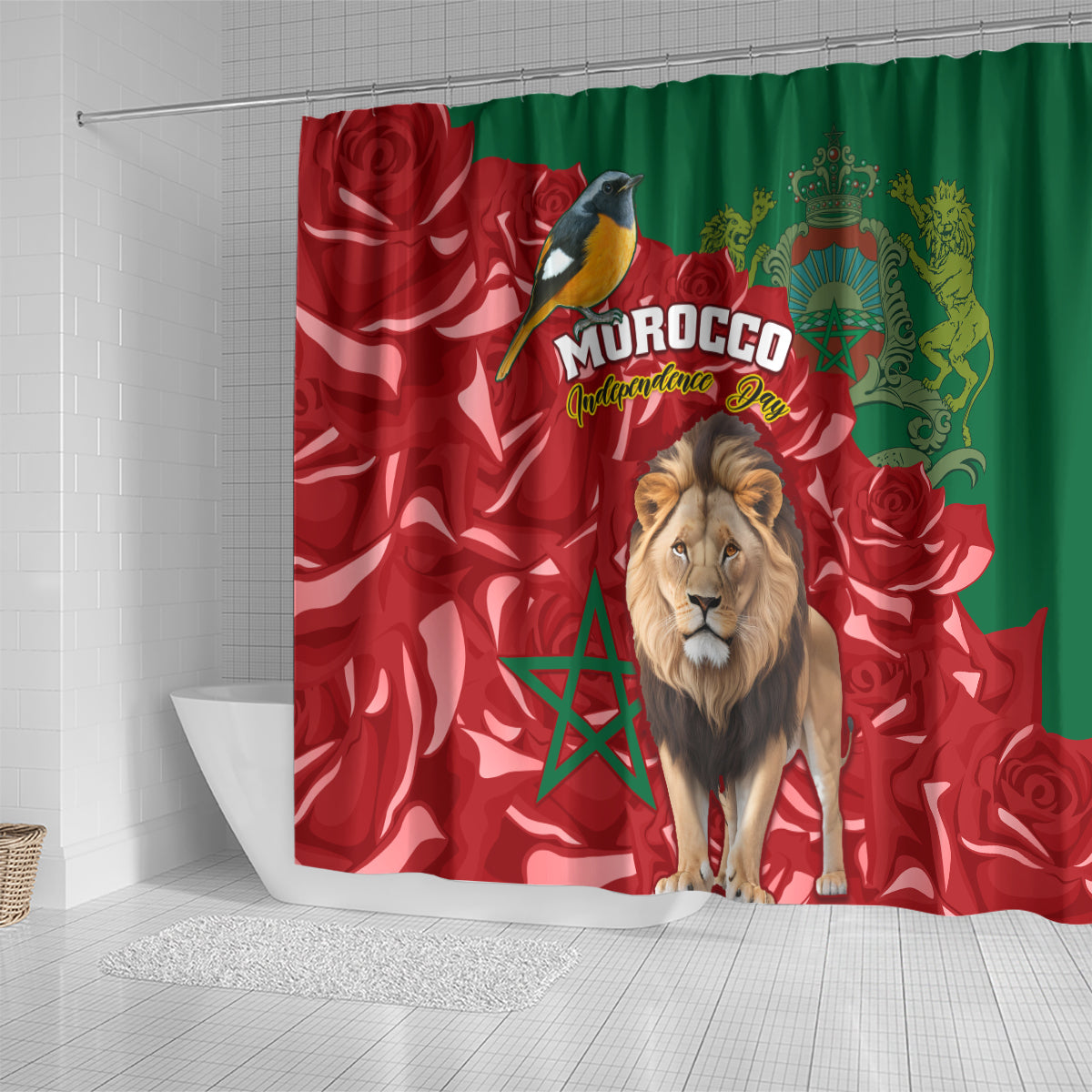 morocco-independence-day-shower-curtain-barbary-lion-with-moussier-redstart