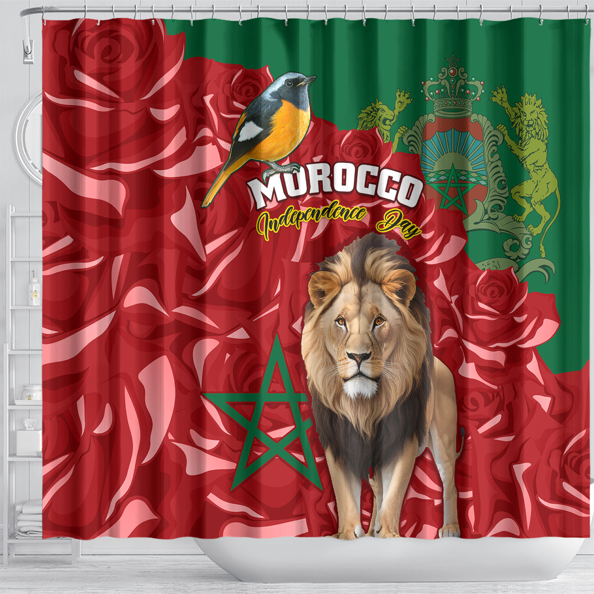morocco-independence-day-shower-curtain-barbary-lion-with-moussier-redstart