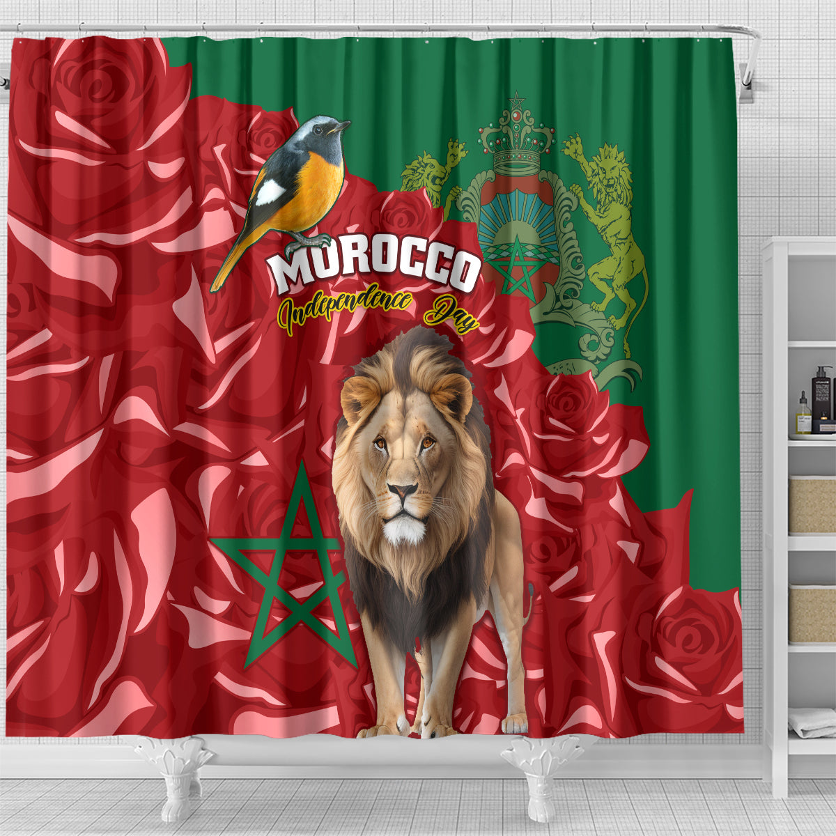 morocco-independence-day-shower-curtain-barbary-lion-with-moussier-redstart