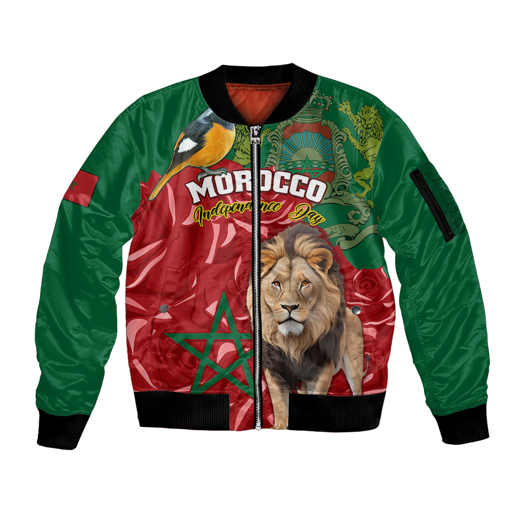Morocco Independence Day Sleeve Zip Bomber Jacket Barbary Lion With Moussier Redstart - Wonder Print Shop