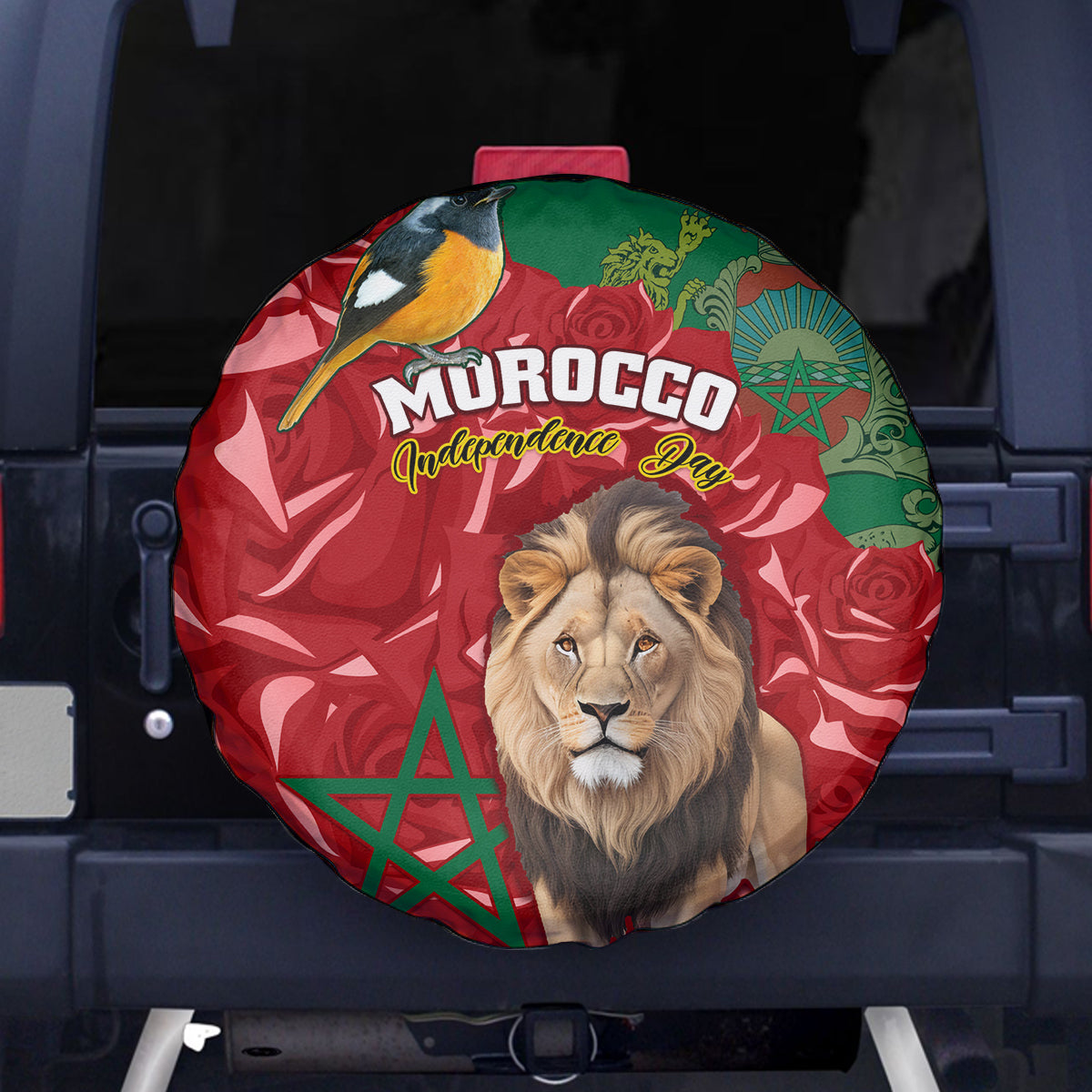 Morocco Independence Day Spare Tire Cover Barbary Lion With Moussier Redstart - Wonder Print Shop