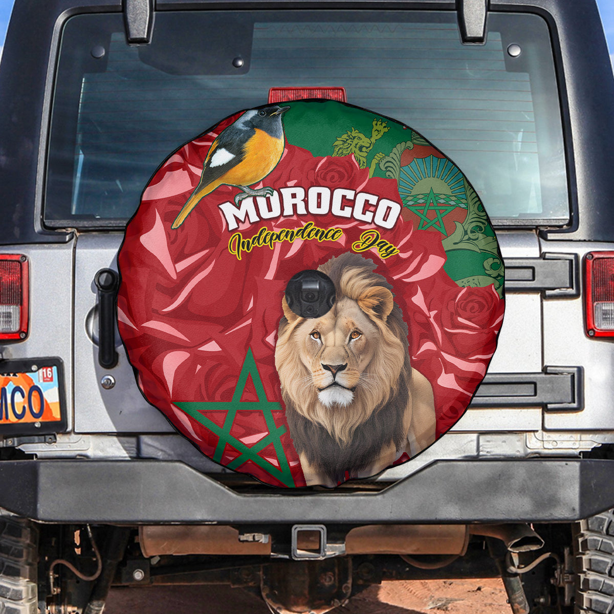 Morocco Independence Day Spare Tire Cover Barbary Lion With Moussier Redstart - Wonder Print Shop